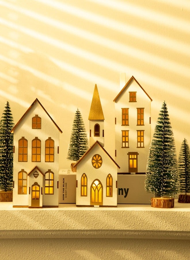 BEARAE Christmas Village Houses, 7PCS, Christmas Village Accessories, Christmas Village Sets Collection, Including 3 Led Lighted Houses and 4 Frosted Trees for Tabletop Mantel Décor - Image 3